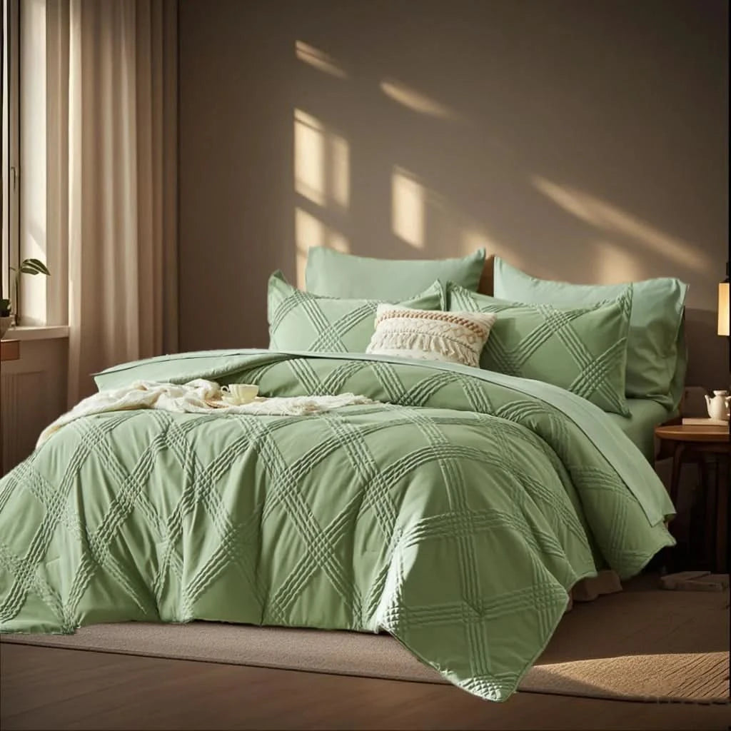 Green textured comforter set on a bed in a bedroom with soft lighting.

7-piece comforter set

Brushed microfiber bedding

Ultra-soft quilt set

Lightweight comforter set

Machine washable bedding

All-season bedding set

Luxury bed set queen size

Bedding gift set

Modern bedroom decor
