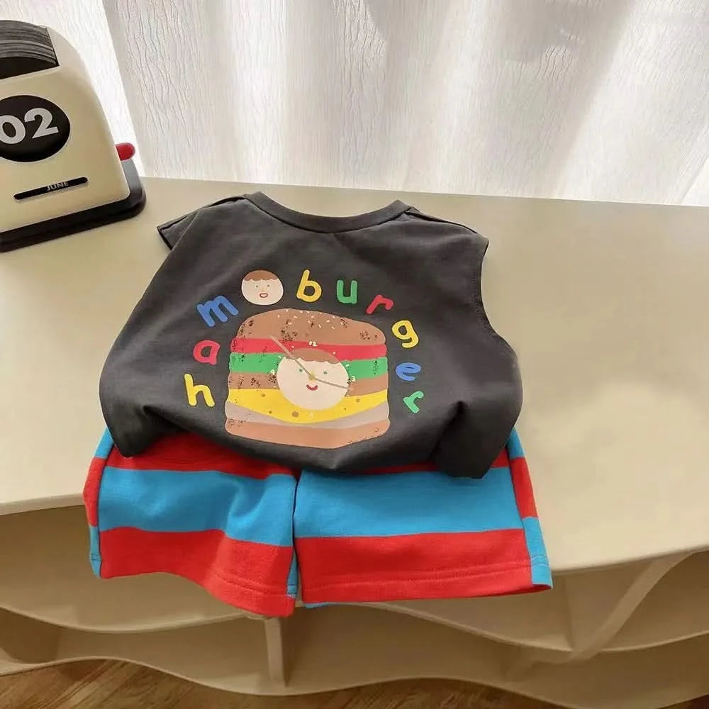 2025 Summer Baby Clothing Set Infant Boys Girls Cute Hamburg Print Sleeveless T-shirt and Stripe Shorts 2Pcs Suit Toddler Outfit - M & M Global