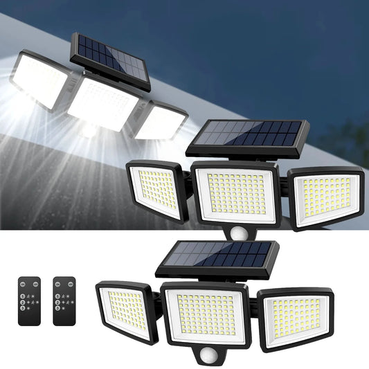 IP65Waterproof Triple Head Outdoor Solar Light, 210LED 2500LM Motion Sensor Safety Light for Porch, Garage, Yard Entrance, Patio - M & M Global