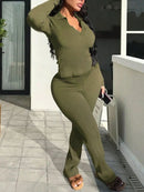 2025 Newest Women's Two-Piece Set Casual Comfortable V-Neck Ribbed Knit Solid Color Long Sleeve Top and Pants