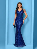 Elegant V-Neck Beading Green Sequin Evening Dress Long New Luxury Women Formal Mermaid Party Prom Graduation Cocktail Gowns
