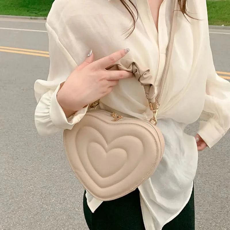 Luxury Quilted Handle Women PU Leather Shoulder Bag Fashion Heart Solid Color Crossbody Bag - M & M Global