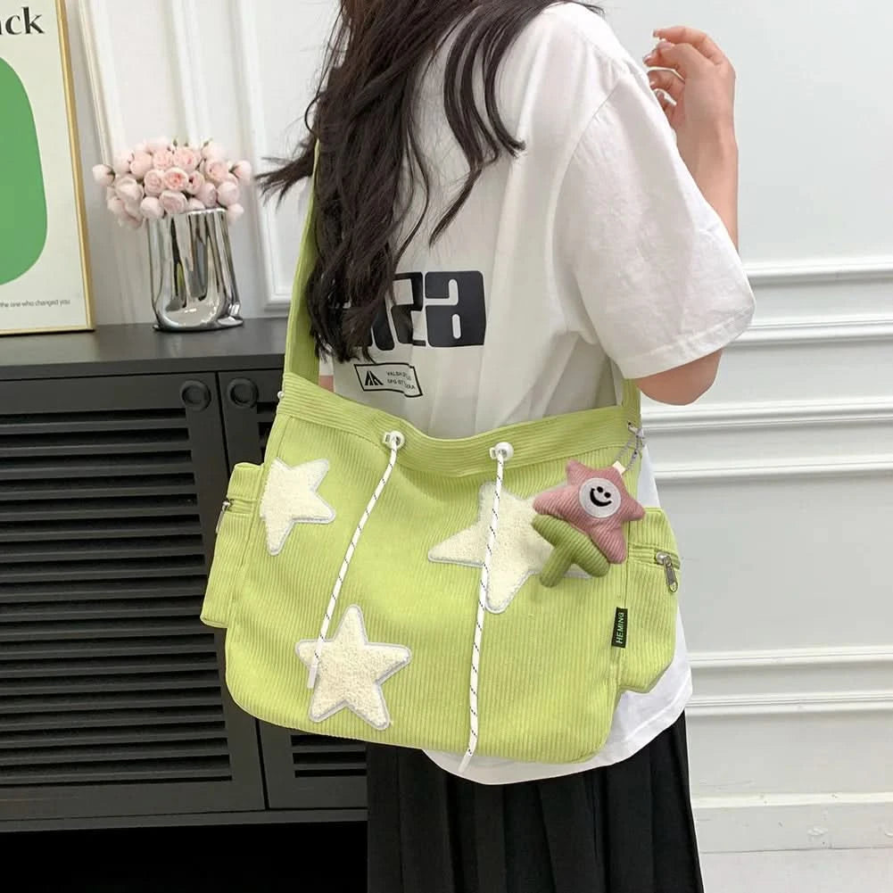 Women Star Pattern Corduroy Crossbody Bag Casual Tote Lady Fashion Large Capacity Shoulder Bag Girl Travel Messenger Bag Handbag - M & M Global