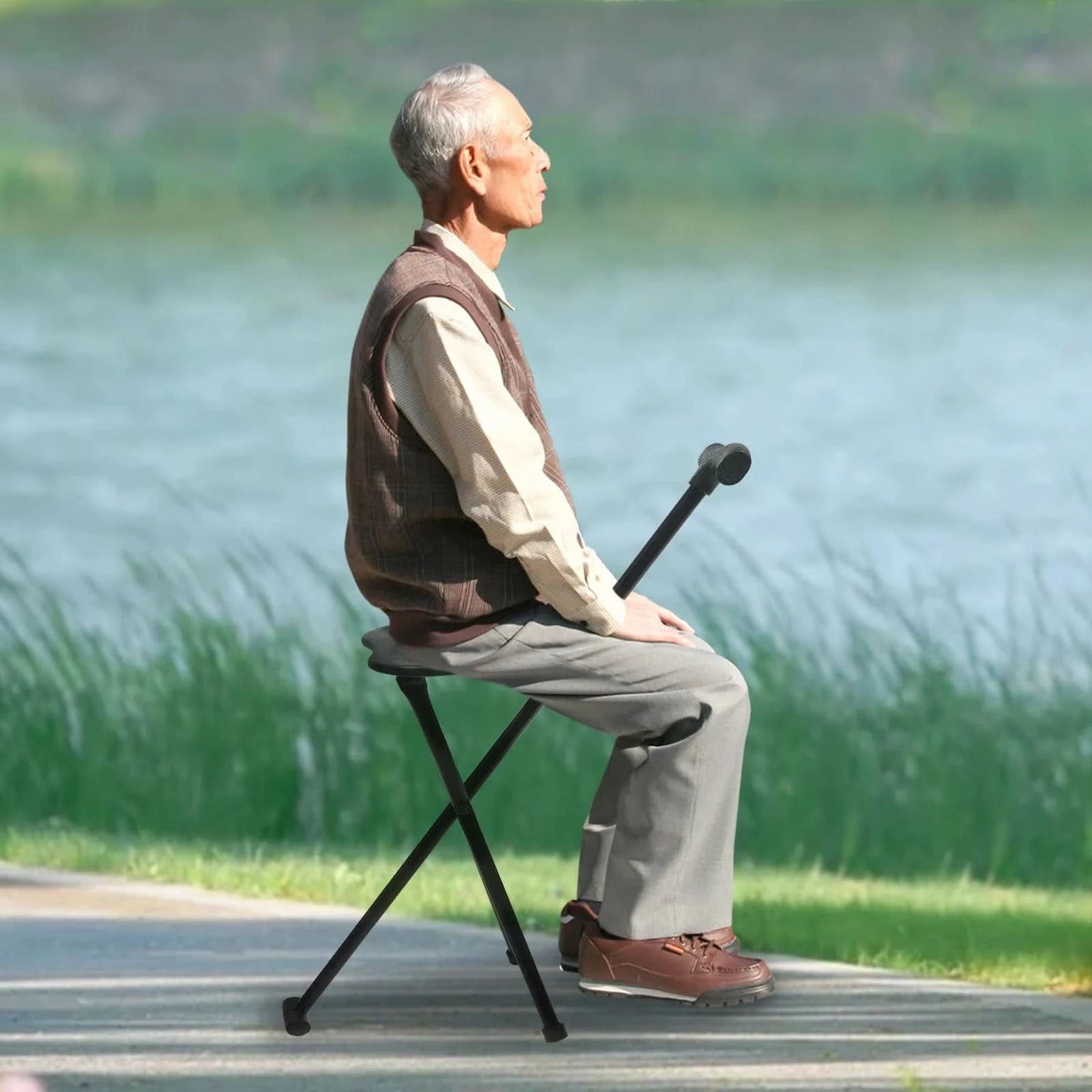 Portable Folding Cane with Seat Travel Cane Chair Walking Cane Walking Chair Walking Stick Walking Stool Load 249.12lbs Black