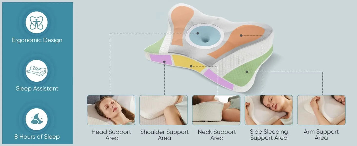 JHK Ergonomic Cervical Contour Neck Pillows For Neck Pain Relief Memory Foam Bed Pillow Neck Pillow with Cooling Pillowcase