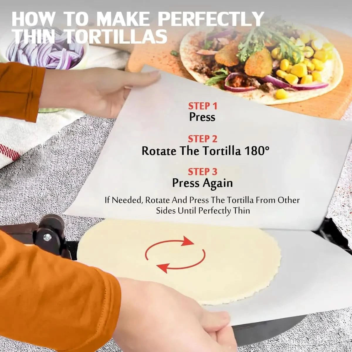 Cast Iron Tortilla Press, Heavy Duty Tortilla Pataconera, 12-inch Flour Tortilla Press with Foldable Handle, Taco press with Som - M & M Global
