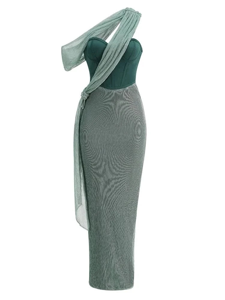 Sexy One Shoulder Draped Glitter Long Dress Women Brown Corset Sparkly Backless Bodycon Maxi Dresses Evening Party Gowns - M & M Global