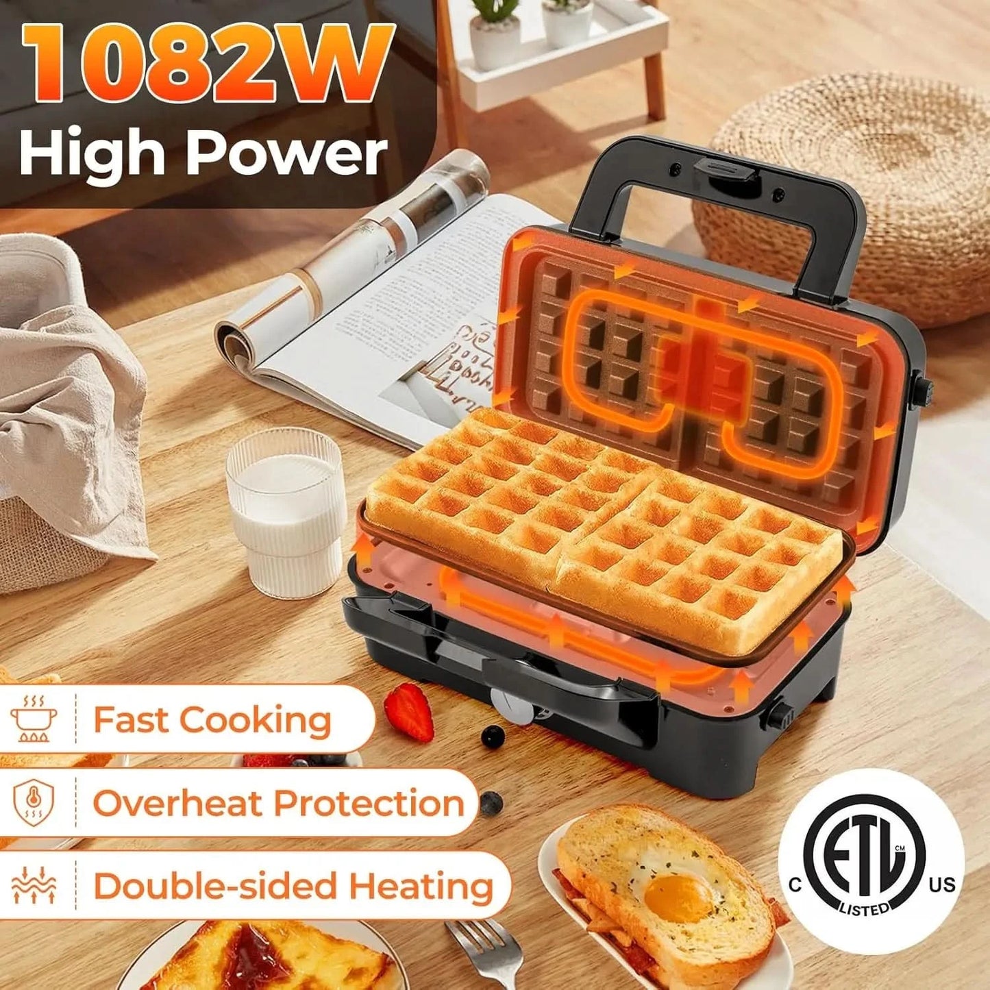 3 in 1 Waffle Maker, 1082W Electric Panini Press Grill w/Non-stick Plates, Indicator Lights, Cool Touch Handle, Sandwich Maker w - M & M Global