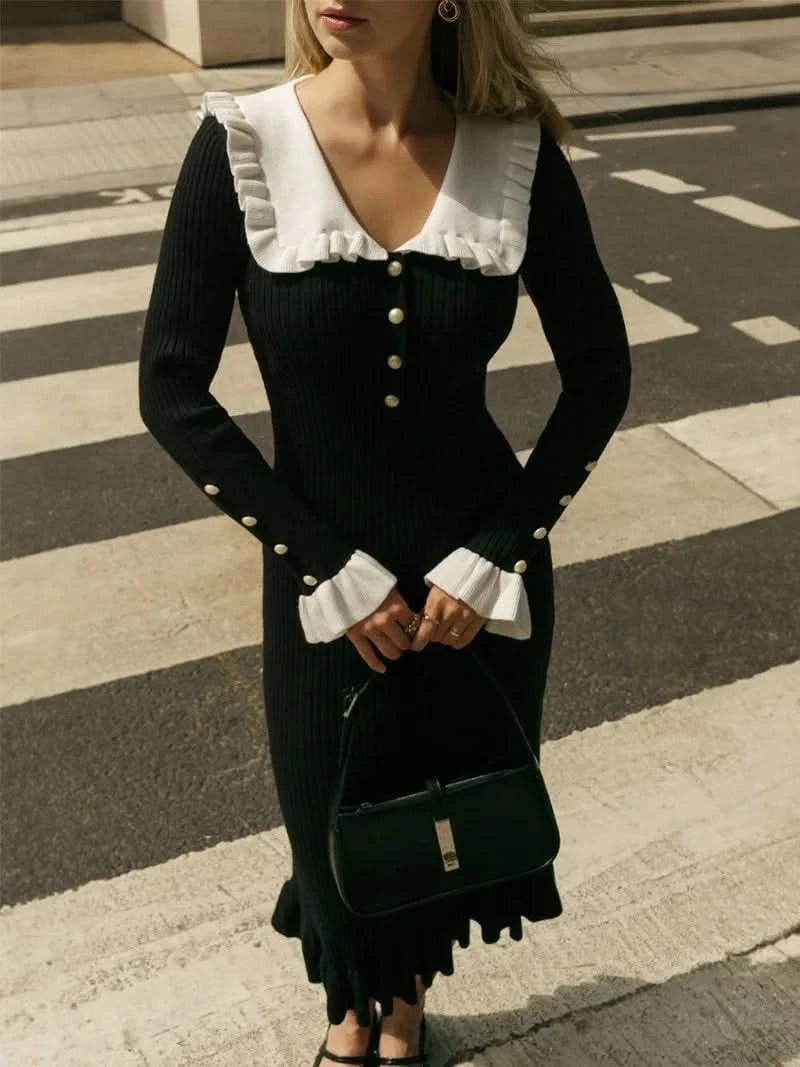 TARUXY High Waist Ruffled Maxi Dresses For Women Autumn Winter Knitted Slim Long Dress Women's Vintage Dress Woman Retro Elegant - M & M Global