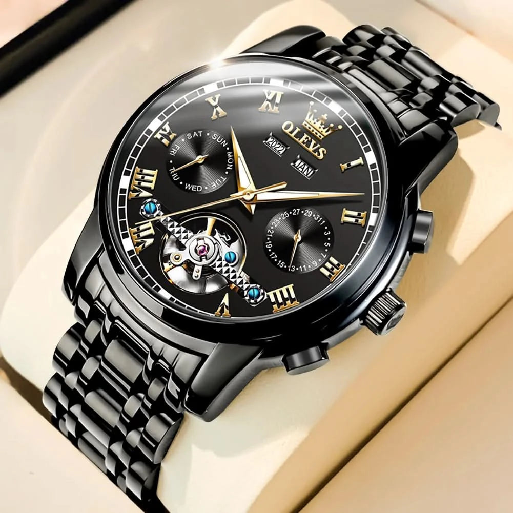 OLEVS Men's Watches Automatic Mechanical Business Wristwatch Waterproof Stainless Steel Strap Watch for Man Skeleton Calendar - M & M Global