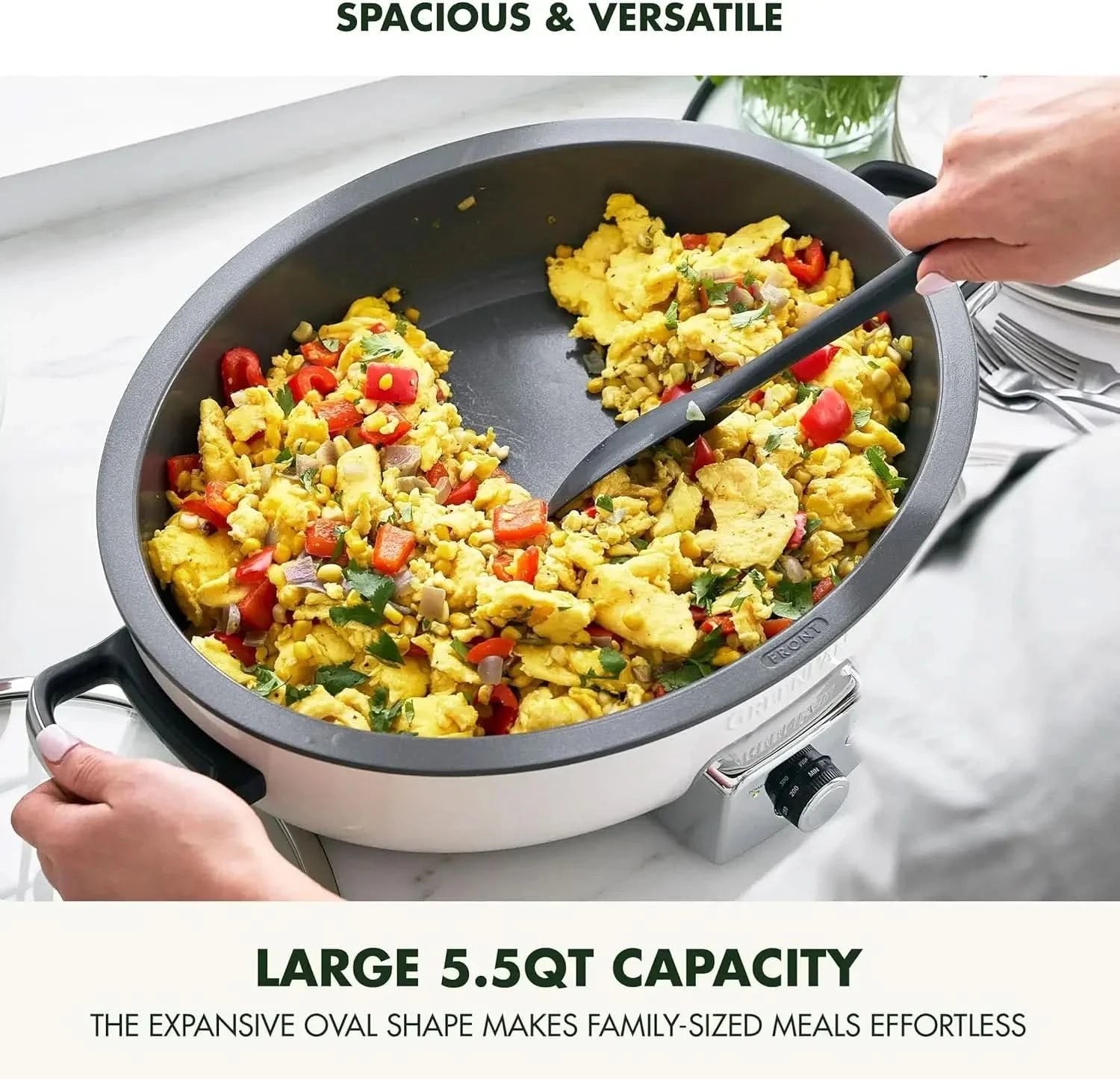 Elite 5.5QT Electric Oval Skillet, PFAS-Free Ceramic Nonstick, 1800 Watt, Dishwasher Safe Lid & Removable Crock, Adjustable Temp - M & M Global