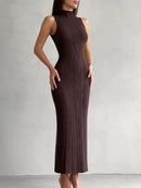 Tossy Sleeveless Knitwear Turtleneck Long Dress Female Slim Elegant Fashion Autumn 2023 Ribbed Knit Dress For Women Maxi Dress - M & M Global