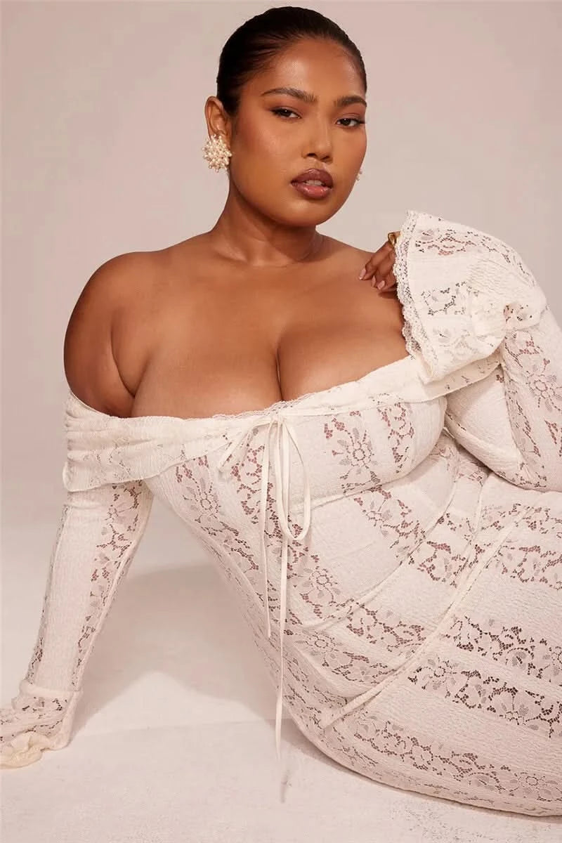 Mozision Floral Lace Off-shoulder Maxi Dress For Women White Strapless Backless Long Sleeve Bodycon Club Party Sexy Long Dress - M & M Global
