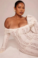 Mozision Floral Lace Off-shoulder Maxi Dress For Women White Strapless Backless Long Sleeve Bodycon Club Party Sexy Long Dress - M & M Global