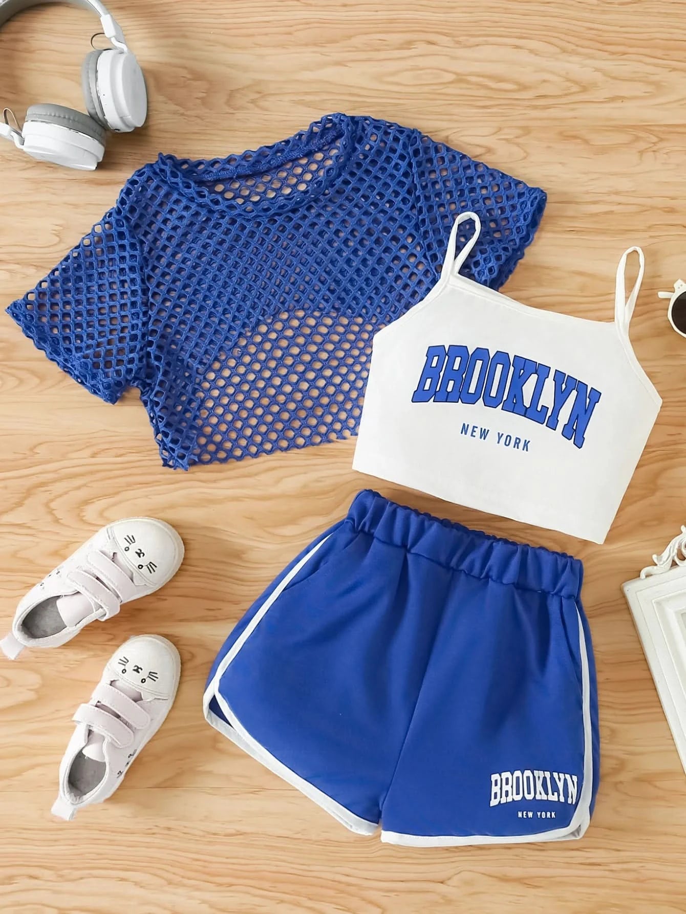 Girls Three-Piece Clothing New Breathable Summer Thin Fashion Short-Sleeved Mesh Top + Letter Printed Short Vest Suspender + Letter Printed Sports Shorts - M & M Global