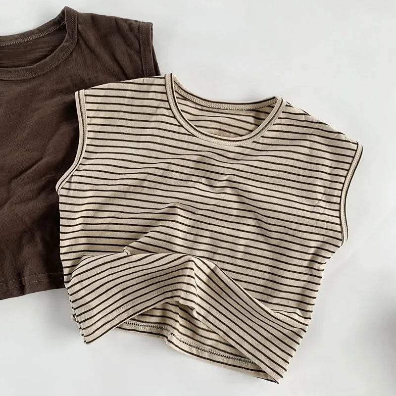 Summer Children Slub Cotton T Shirts Korean Fashion Toddler Kids Sleeveless Striped T-Shirts Baby Boys Casual Tank Tops 4 5 6 7Y - M & M Global