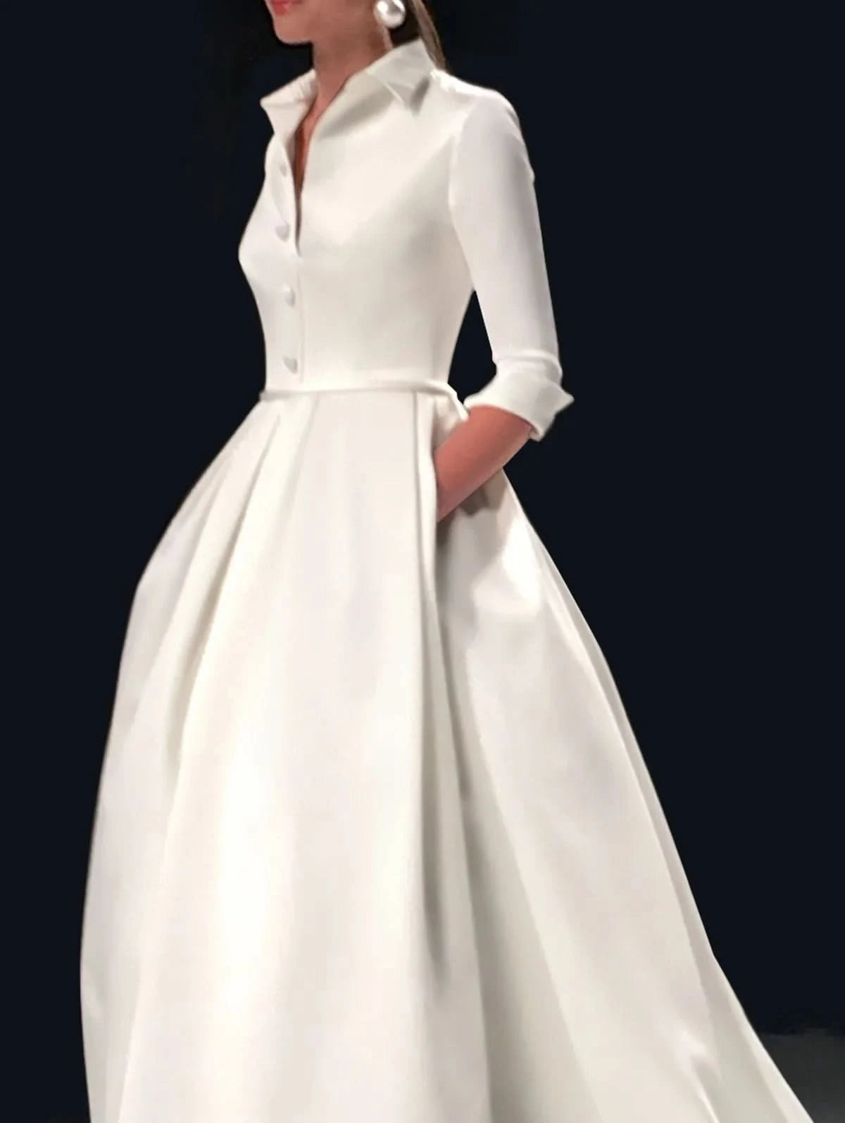 Elegant A Line Maxi Wedding Dress Women Solid Party Evening Bridesmaid Long Dress Pockets Turndown Collar Women Vestidos - M & M Global