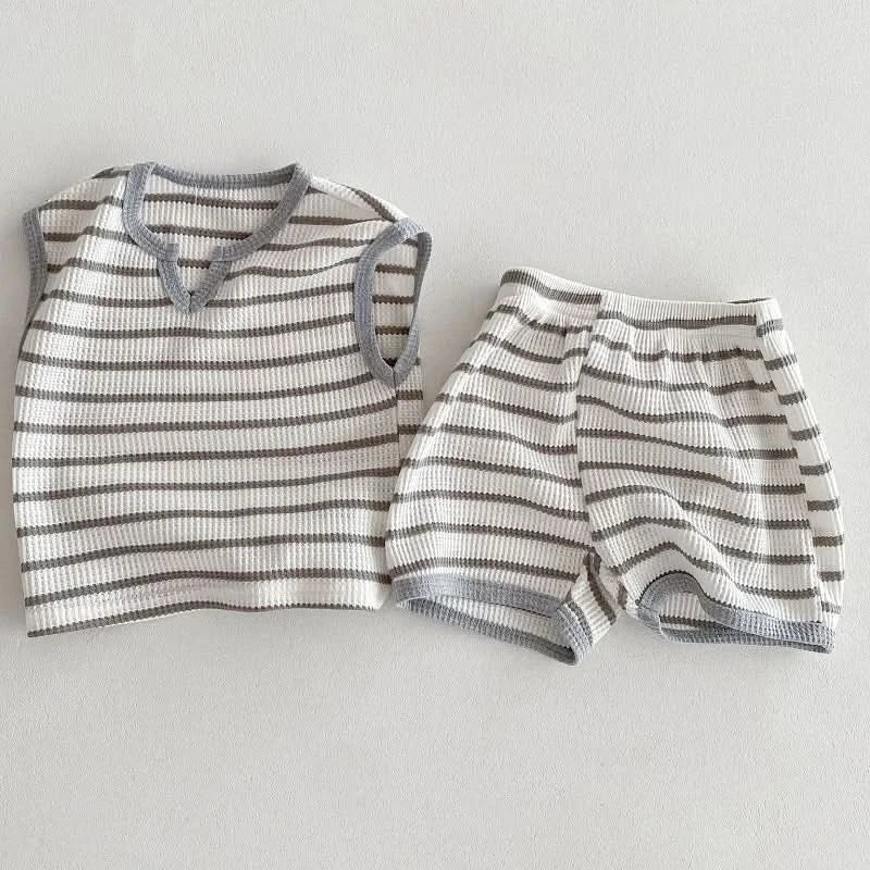 Summer baby clothes 0-5T solid color boys striped sleeveless T-shirt shorts set breathable girls vest short sleeved shorts set - M & M Global