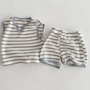 Summer baby clothes 0-5T solid color boys striped sleeveless T-shirt shorts set breathable girls vest short sleeved shorts set - M & M Global