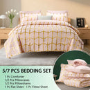 5/7 pcs bedding set with pink and gold geometric pattern on a bed in a bedroom setting.