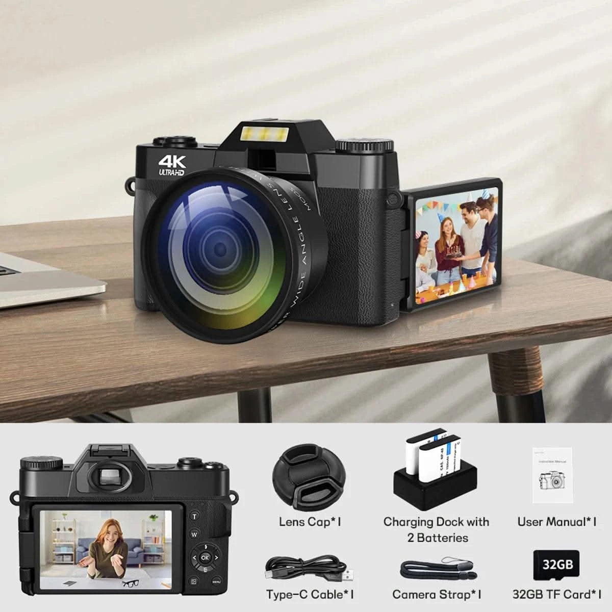 Compact Digital Photography Camera 4K WIFI Webcam Retro Vlog Recorder YouTube 64MP Camcorder 3 Inch Flip Screen Wide Angle Lens - M & M Global