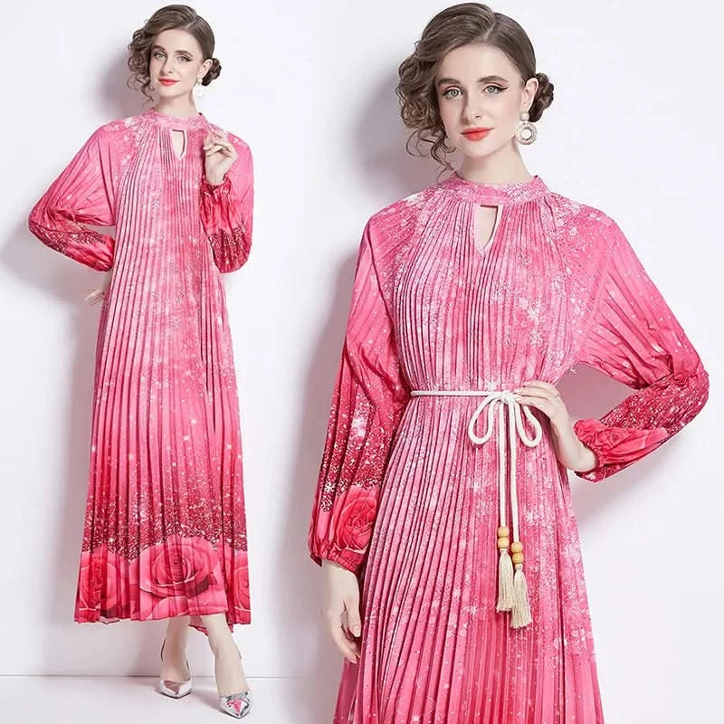 Spring Holiday Print Long Dress For Women Fashion Loose Lantern Sleeve Party Robe Female Big Swing Tassels Belt Pleated Clothes - M & M Global