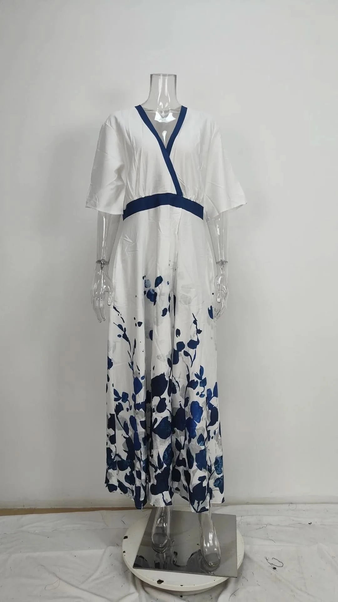 Spring Summer Women Fashion V Neck Belted Party Long Dress Sexy Printing  Boho Maxi Dresses Short Sleeve Pocket Femlae Holiday - M & M Global