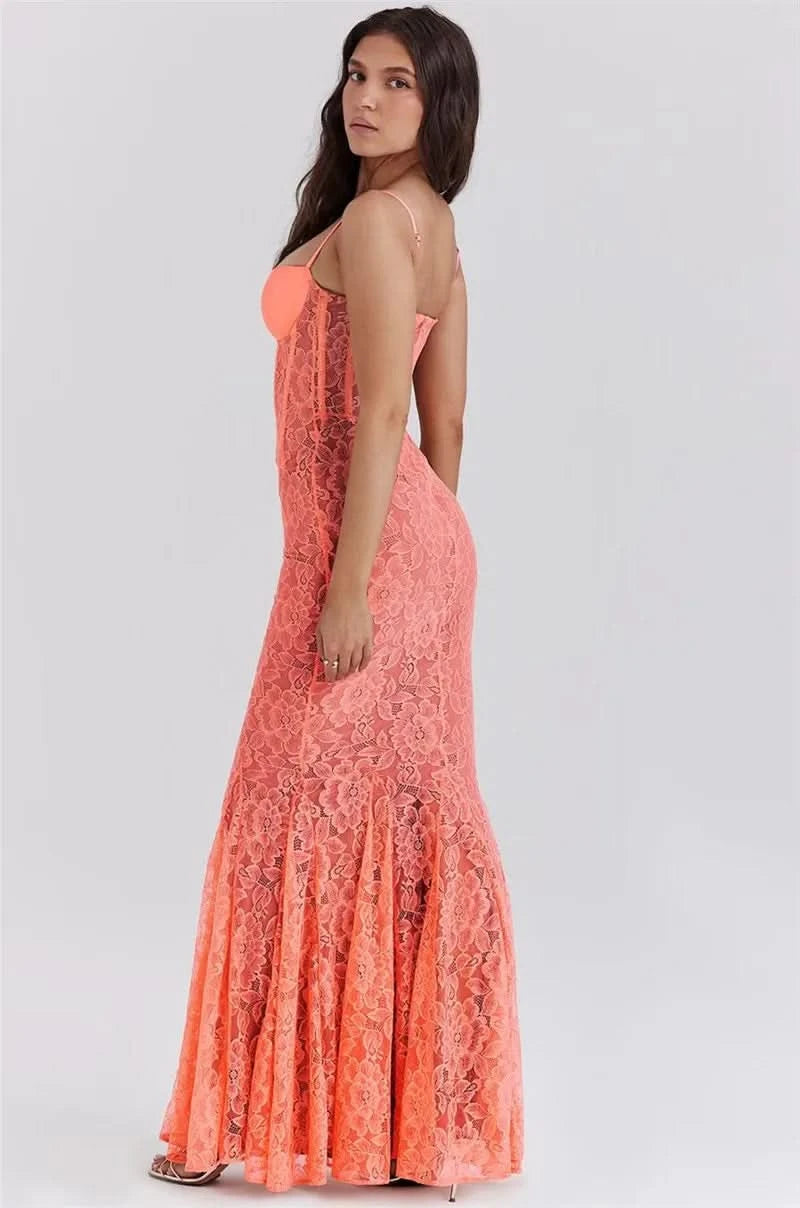 Mozision Floral Lace Sexy Maxi Dress For Women Orange Spaghetti Strap Sleeveless Backless Bodycon Club Party Long Dress Elegant - M & M Global