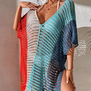 Knitted Contrast Tassel Bikini Summer Beach Cover Up Sexy Hollow Out Women V Neck Loose Beachwear Sunscreen Smock - M & M Global