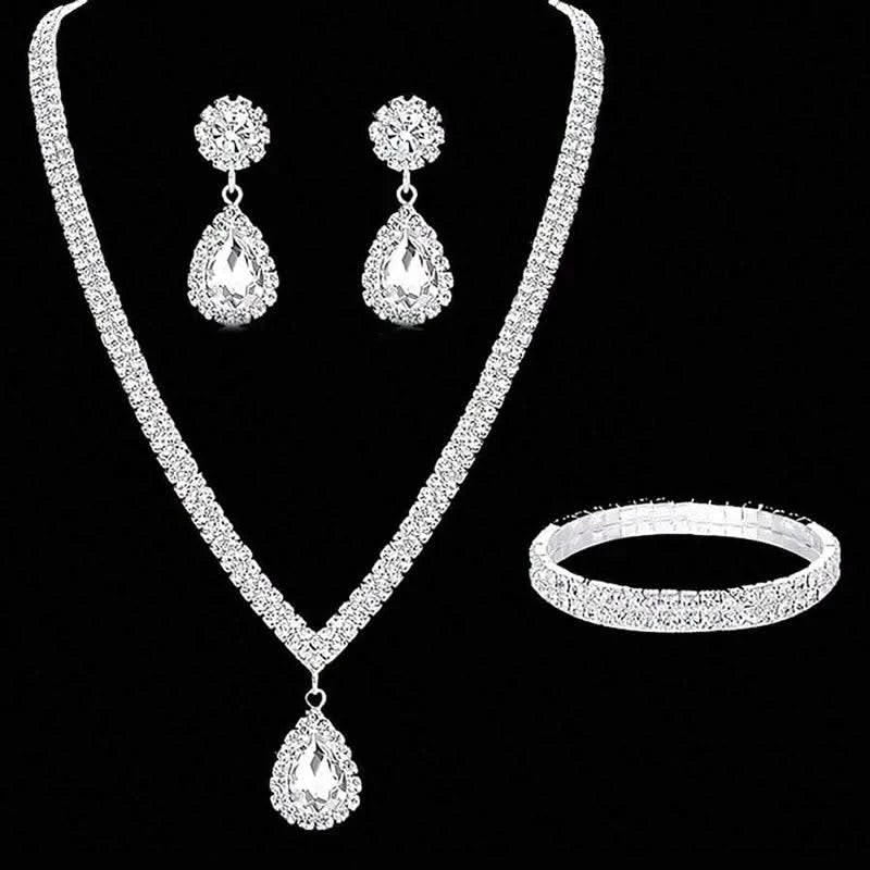 4 Pieces Luxurious Jewelry Set Exquisite Rhinestone Pendant Elegant Women's Crystal Silver Plated Necklace Earrings Bracelet Set - M & M Global