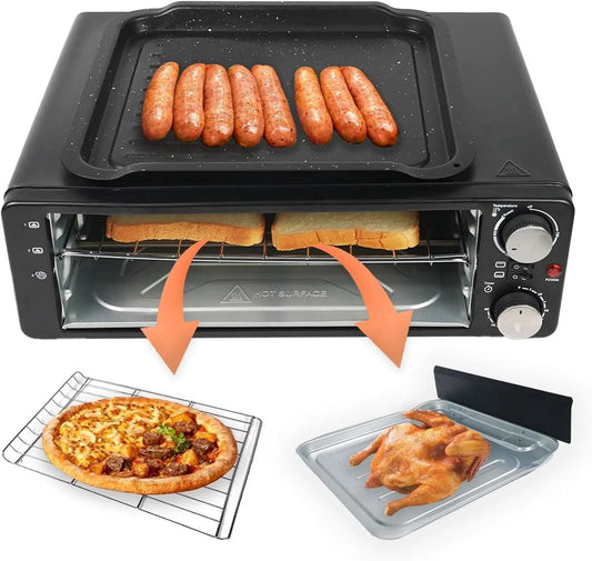 2-in-1 Breakfast Station, Non-Stick Griddle and 6-Slice Toaster Oven, Electric Pizza Oven Commercial Pizza Maker Countertop Pizz - M & M Global