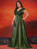 Plus Size Elegant V-Neck Red Sequins Evening Dress Long Luxury Women Satin Sleevesless Party Prom Cocktail Gowns