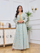 Ramadan Luxury Muslim Fashion Bat Sleeve Moroccan Turkiye Dubai Dress Middle East Arab Dress Sequins Golden Velvet Long Dress - M & M Global