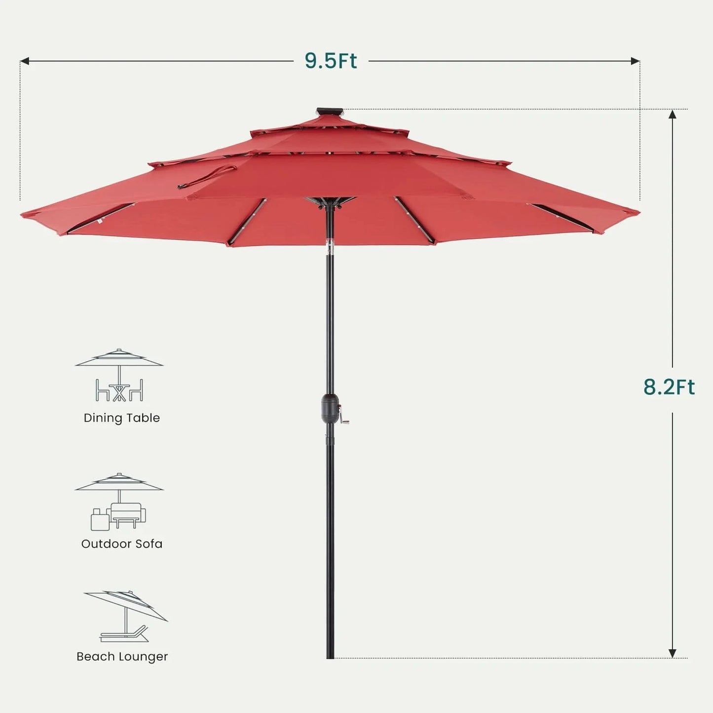 JHK 10FT 3-Tier Patio Outdoor Umbrella with Solar 32 LED Lights Tilting Table Umbrella with 8 Sturdy Ribs for Garden Backyard