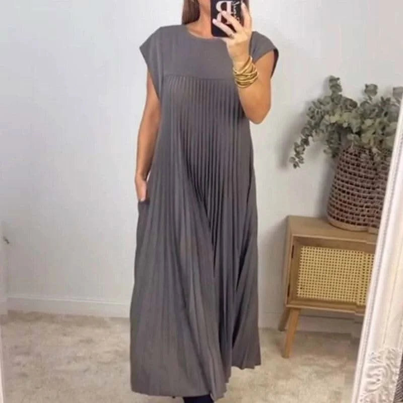 Chic Simple O-neck Pleated Long Dress Women 2024 Fashion Solid Sleeveless Boho Beach Dress Casual Pocket Female Loose Maxi Dress - M & M Global