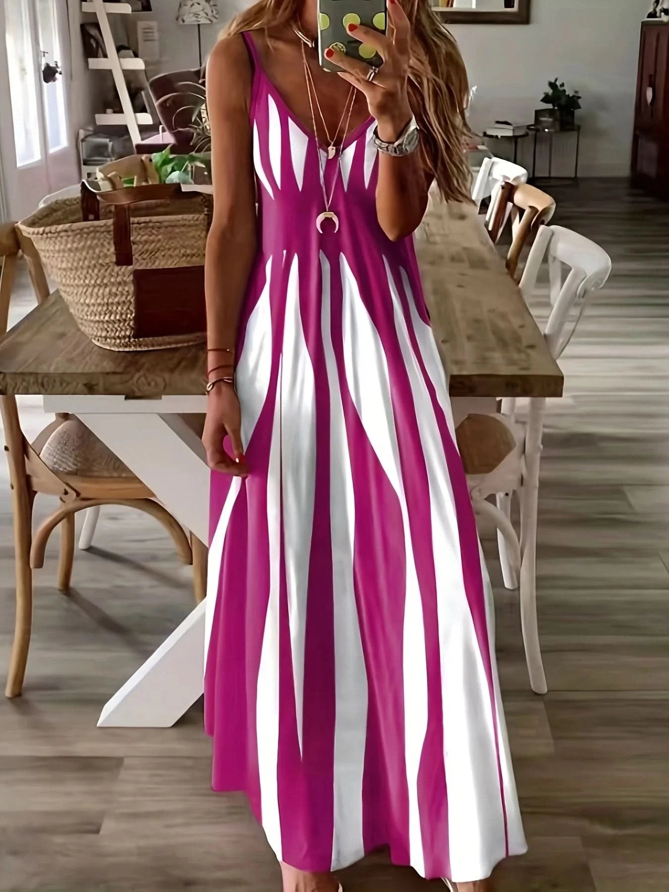 Large size positioning printed spring/summer new V-neck long dress dress - M & M Global