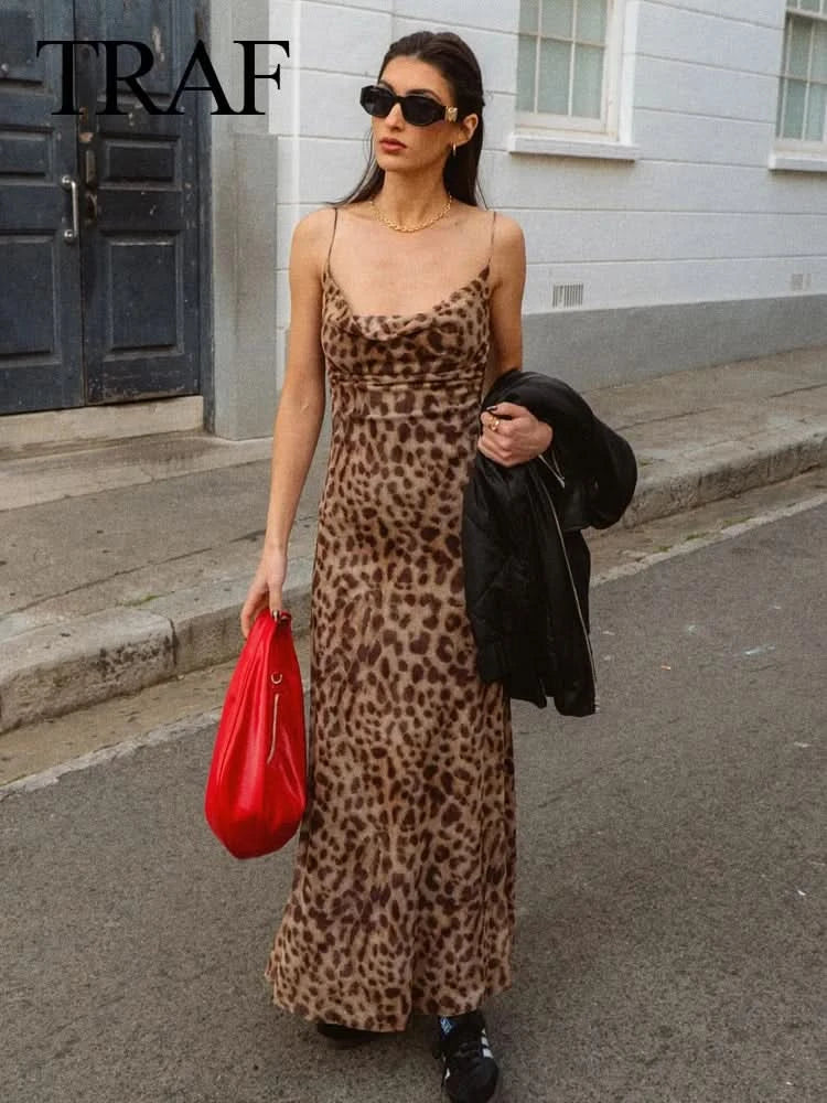 TRAFZA 2024 Vintage Women Sexy Spaghetti Strap Dress Female Casual Beach Party Long Dress Sleeveless Backless Suspender Dress - M & M Global