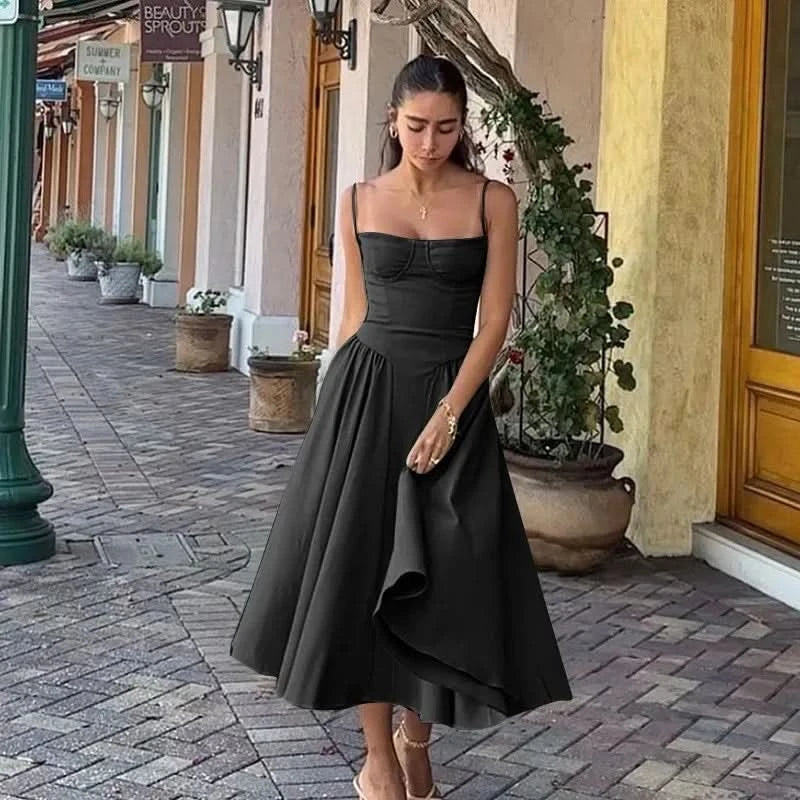Summer Women Elegant Sleeveless Backless Pleated Dresses Lady Sexy Solid Sling Midi Dress 2024 Female Party Evening A-line Robes - M & M Global