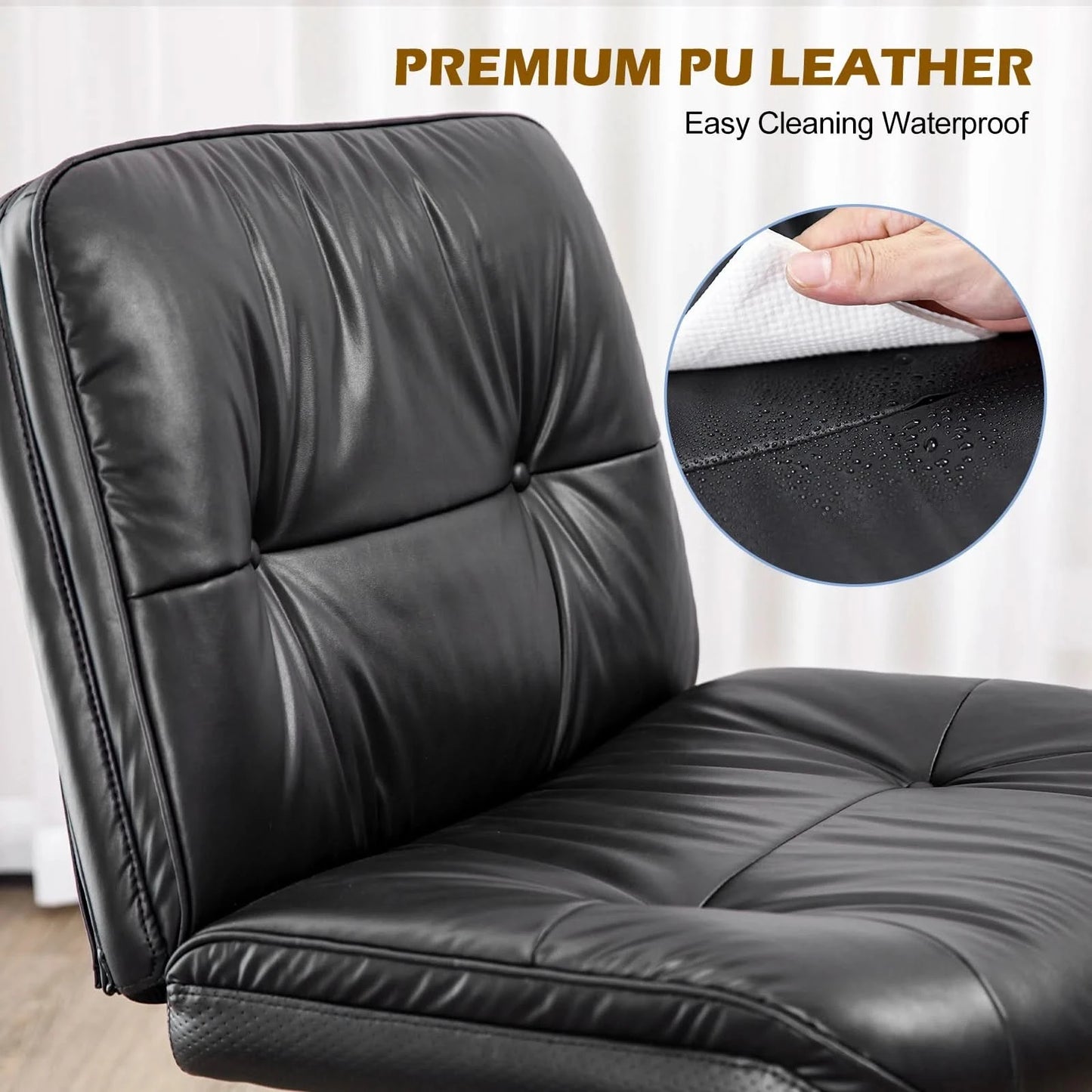JHK PU Leather Cross Legged Office Chair with Wheels Armless Desk Chair Height Adjustable Swivel Wide Seating for Home Bedroom