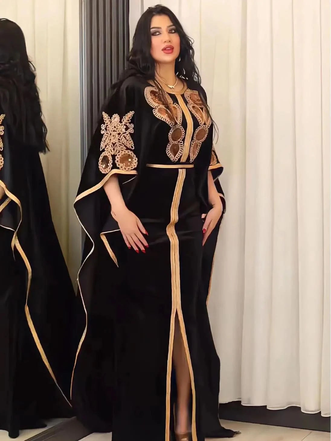 Ramadan Luxury Muslim Fashion Bat Sleeve Moroccan Turkiye Dubai Dress Middle East Arab Dress Sequins Golden Velvet Long Dress - M & M Global