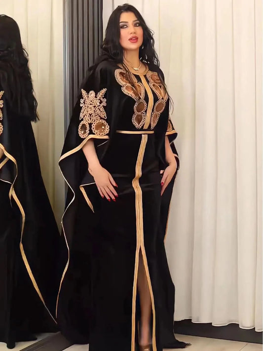 Ramadan Luxury Muslim Fashion Bat Sleeve Moroccan Turkiye Dubai Dress Middle East Arab Dress Sequins Golden Velvet Long Dress - M & M Global