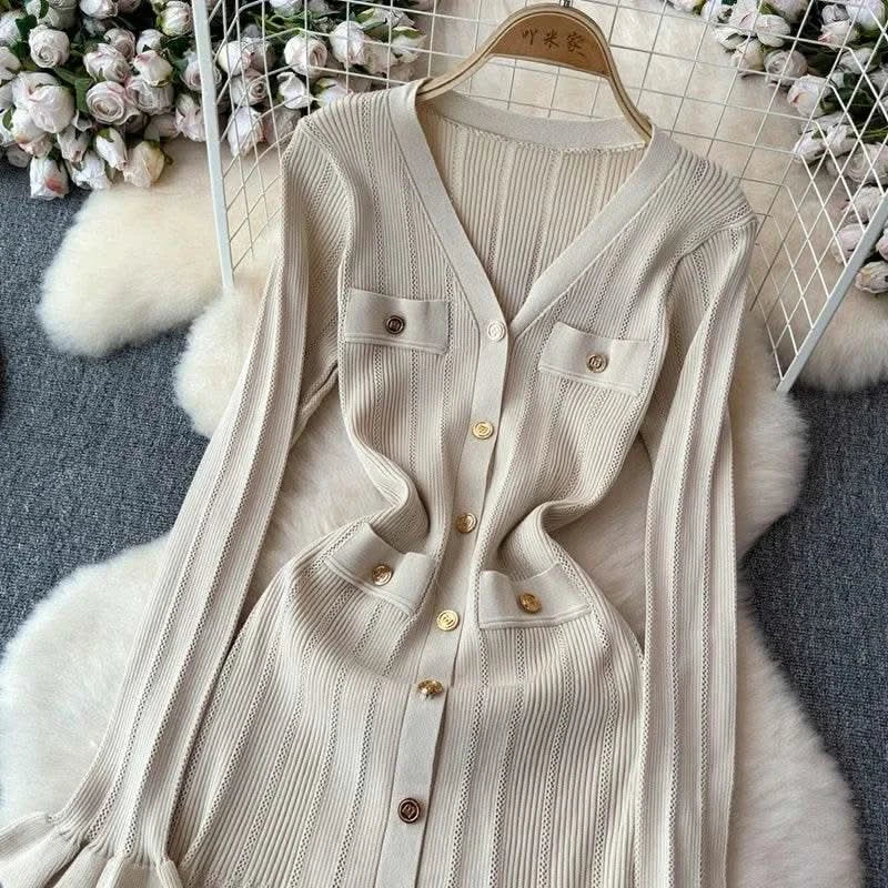 2024 Green Fashion Autumn Winter Knitted Long Dress French Style Letter Buttons Elegant Sweater Dress Lady Office Bodycon - M & M Global