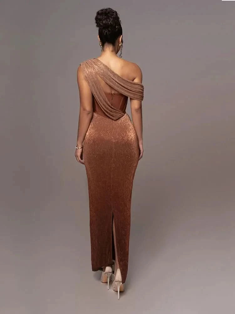 Sexy One Shoulder Draped Glitter Long Dress Women Brown Corset Sparkly Backless Bodycon Maxi Dresses Evening Party Gowns - M & M Global