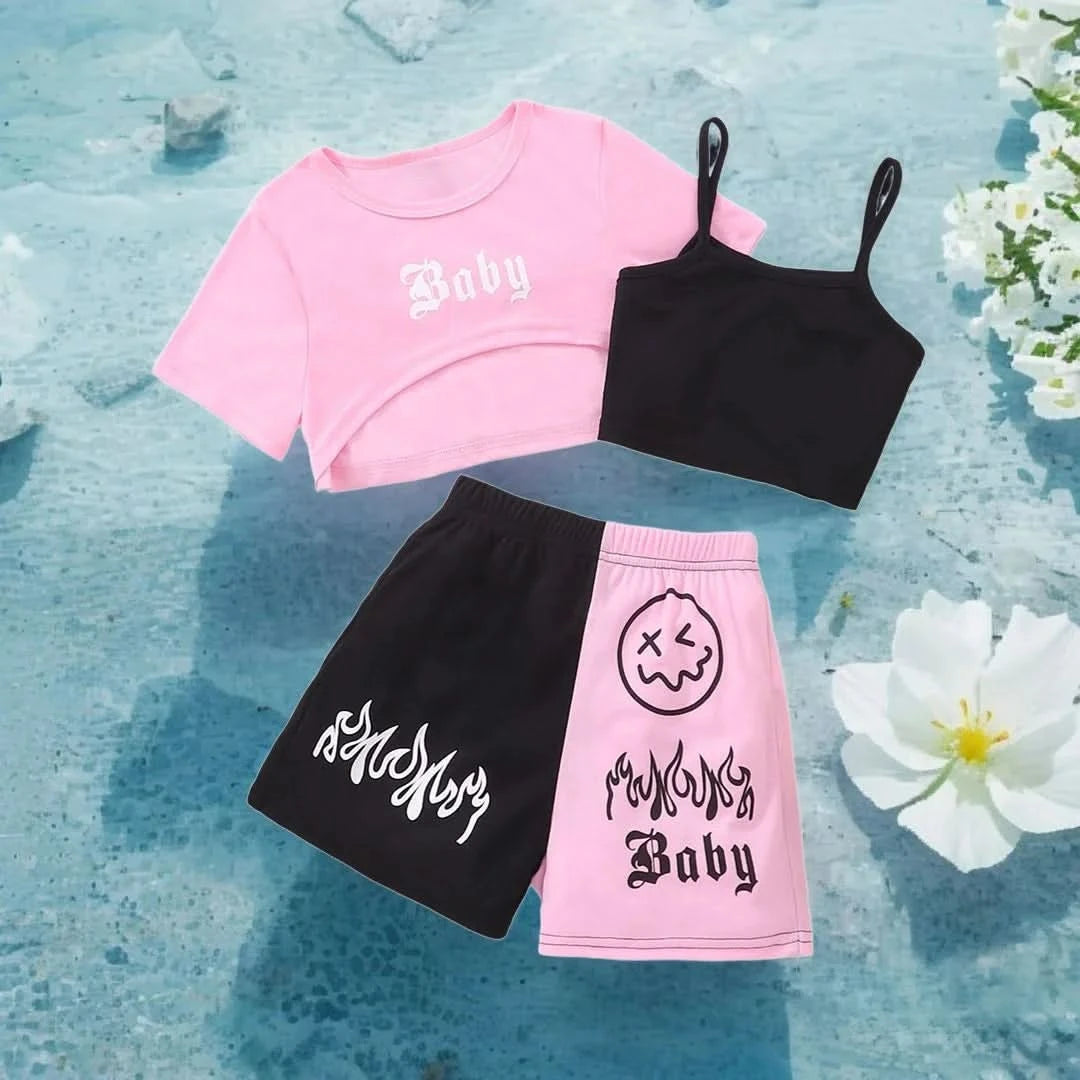 New Kids Girls Clothing Set Summer Short Sleeve Fashion Three Piece Girls Suit Color Block Children Outfits Girls Clothes 8-12Y - M & M Global