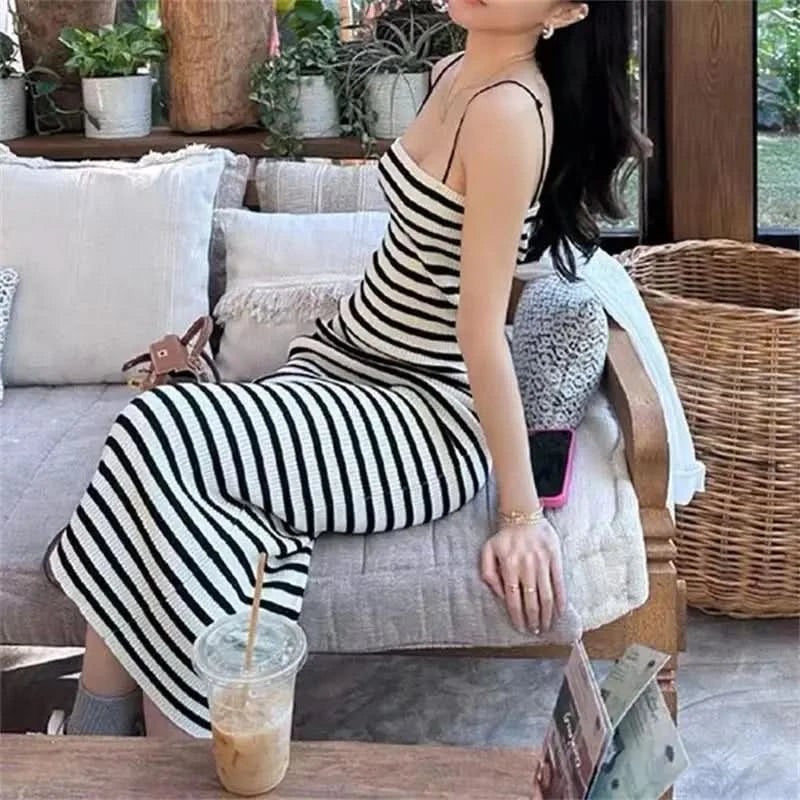 Striped Knitted Slim Dresses Women's Summer Skinny Sleeveless Bodycon Long Dress Casual Holiday Wrap Hip Sundress - M & M Global