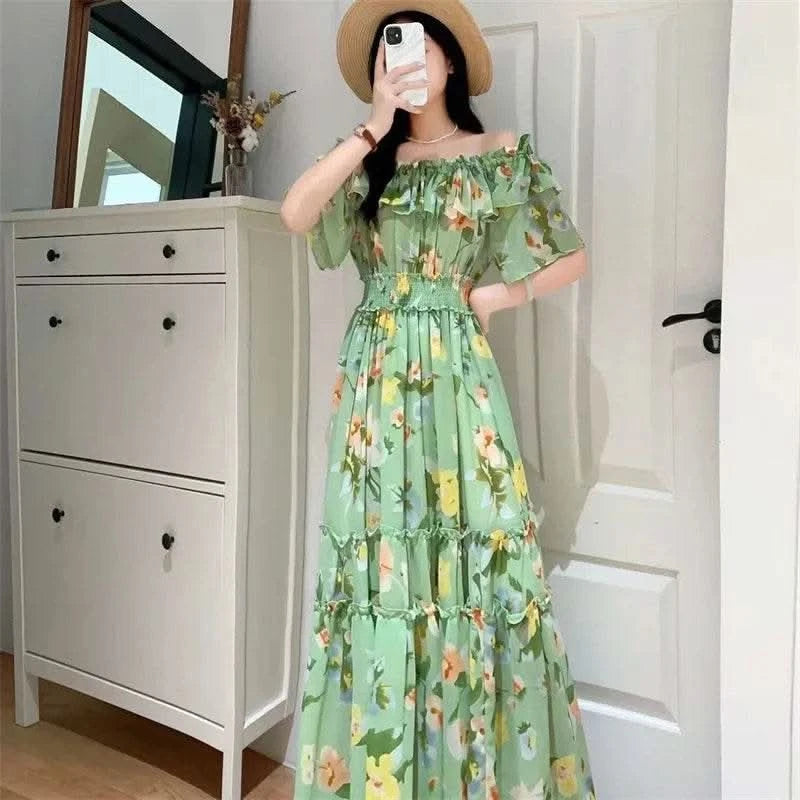 2024 New Summer Women Sexy Slash Neck Short Sleeve Slim Long Dress Fashion Patchwork Big Hem Sweet Ruffles Floral Dress - M & M Global