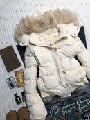 American New Winter Unisex Oversized Fur Trim Hooded Padded Coat Navy Blue Preppy Emblem Warm Casual Fashion Jacket