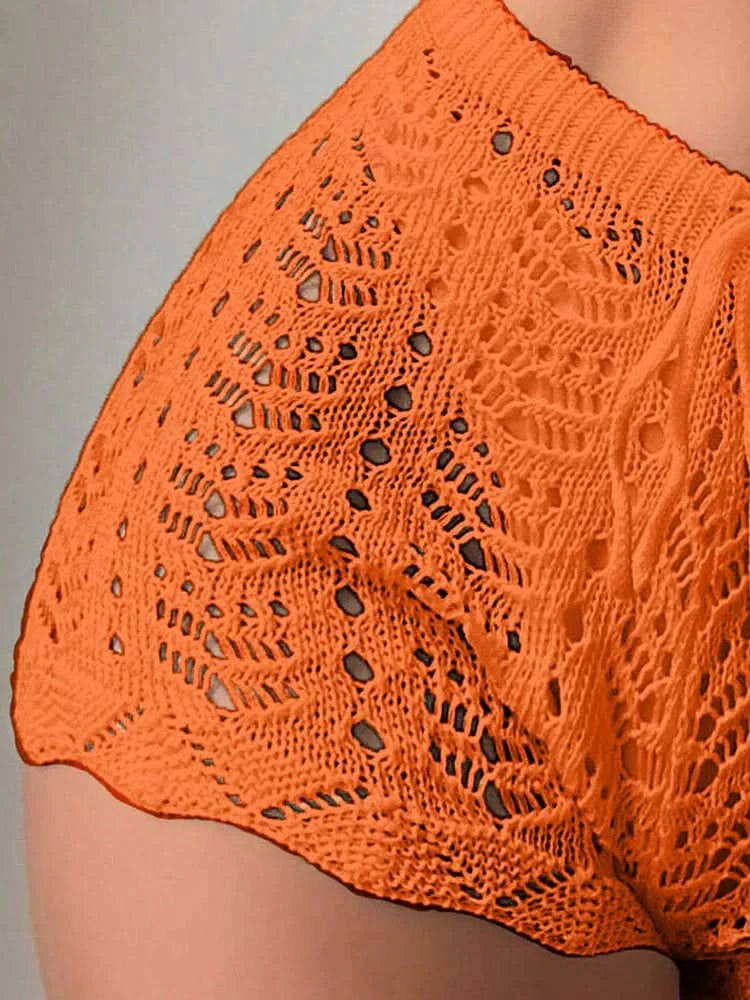 Polyester100.00% Hollow Drawstring Open Waist Knitted Bikini Blocked Women's Shorts - M & M Global