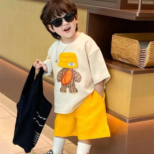 Boys and Girls Summer Set New Children's Cartoon Short Sleeve Cotton T-shirt Shorts 2-Piece Set for Boys' Loose Casual Set - M & M Global