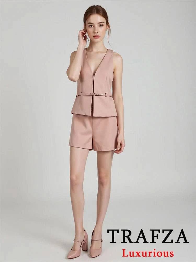TRAFZA Vintage Chic Solid Women Suit V Neck Sleeveless Sashes Vest Blazer Straight Shorts New Fashion 2025 Summer Office Sets - M & M Global